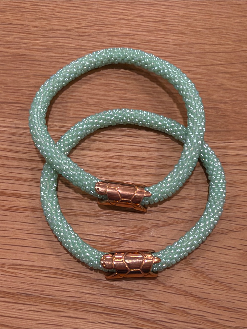 Mint Green Beaded Rope Bracelet with Gold Turtle Charm